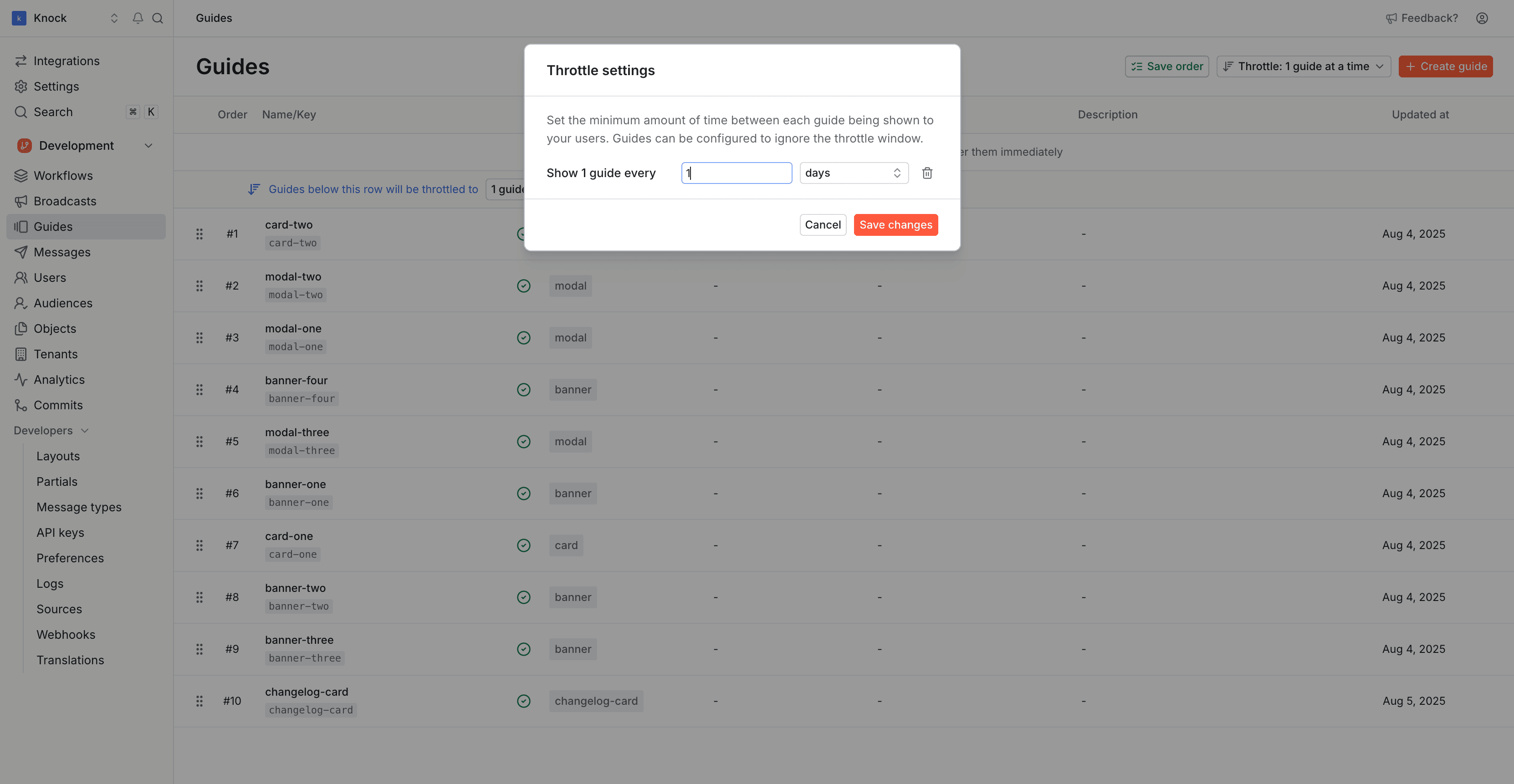 Setting guide order in the Knock dashboard